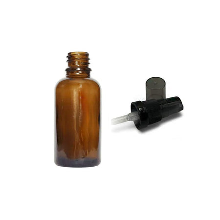 30ml Premium Amber Glass Dropper Bottle with Black Tamper Evident Lotion Pump and Smoke Tinted Over Cap (Type III)
