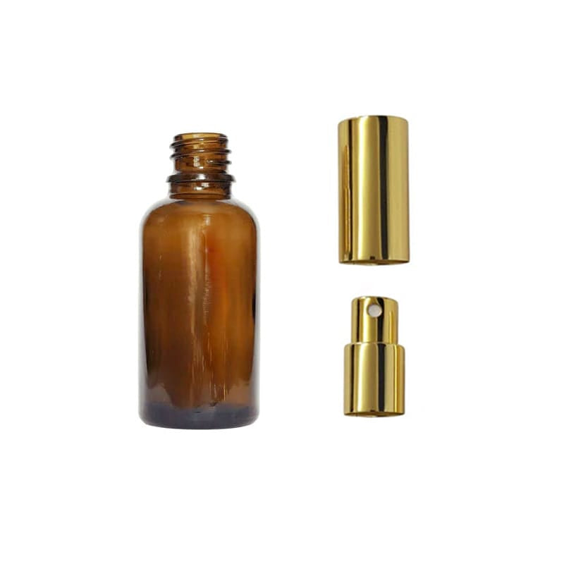 30ml Premium Amber Glass Dropper Bottle with Gold Atomiser with Gold Over Cap