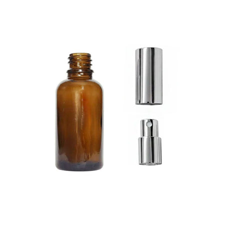 30ml Premium Amber Glass Dropper Bottle with Silver Atomiser with Silver Over Cap