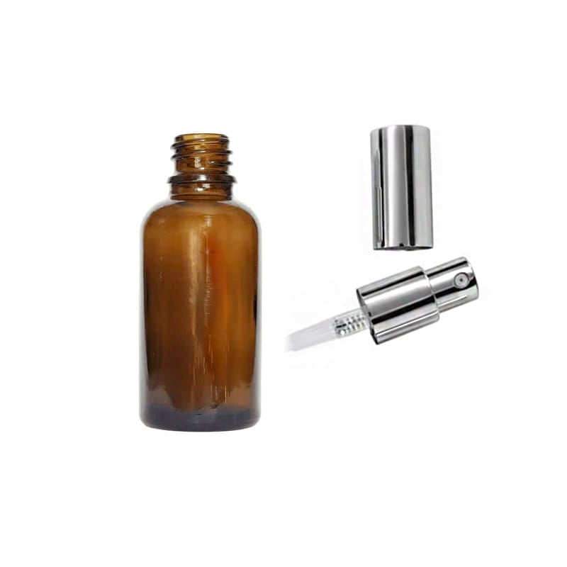 30ml Premium Amber Glass Dropper Bottle with Silver Lotion Pump with Silver Over Cap