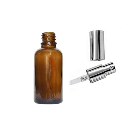 30ml Premium Amber Glass Dropper Bottle with Silver Lotion Pump with Silver Over Cap