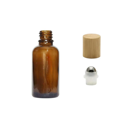 30ml Premium Amber Glass Dropper Bottle with Stainless Steel Roller Ball Insert with Bamboo Cap