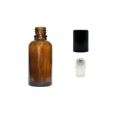 30ml Premium Amber Glass Dropper Bottle with Stainless Steel Roller Ball with Metal Gloss Black Cap