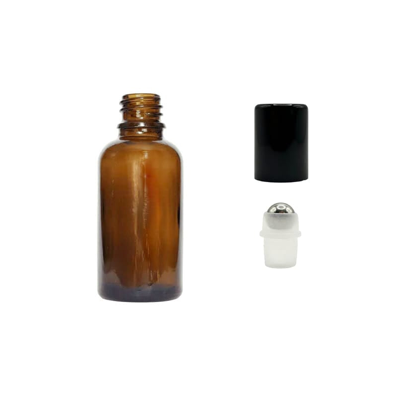 30ml Premium Amber Glass Dropper Bottle with Stainless Steel Roller Ball with Metal Gloss Black Cap