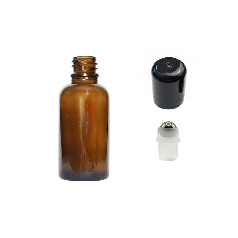 30ml Premium Amber Glass Dropper Bottle with Stainless Steel Roller Ball with Plastic Black Cap