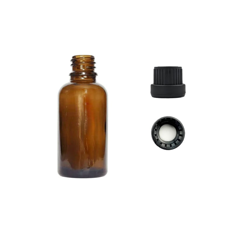 30ml Premium Amber Glass Dropper Bottle with Tamper Evident Ribbed Black Cap and EPE Liner (Type III)