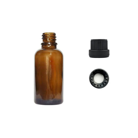 30ml Premium Amber Glass Dropper Bottle with Tamper Evident Ribbed Black Cap and EPE Liner (Type III)