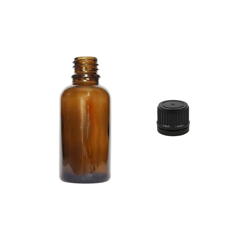 30ml Premium Amber Glass Dropper Bottle with Tamper Evident Ribbed Black Cap (Type II)