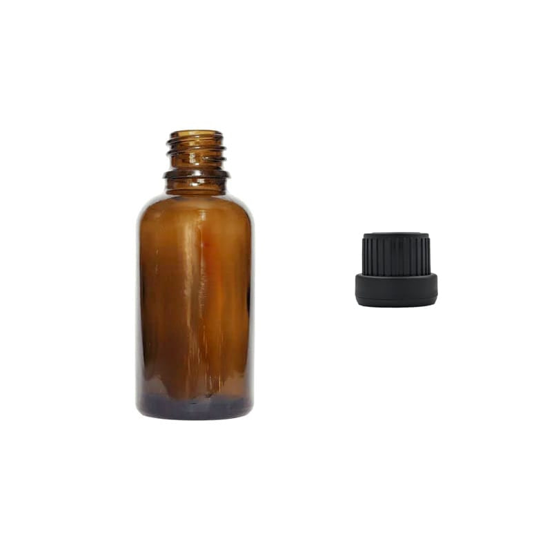 30ml Premium Amber Glass Dropper Bottle with Tamper Evident Ribbed Black Cap (Type III)