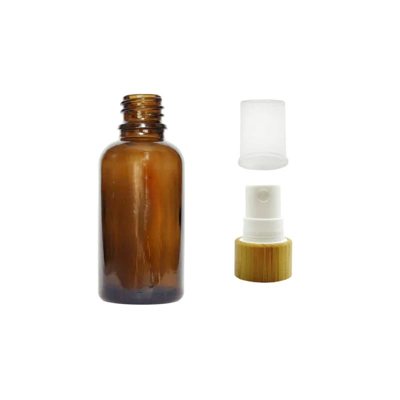30ml Premium Amber Glass Dropper Bottle with White Atomiser with Bamboo Collar and Clear Over Cap