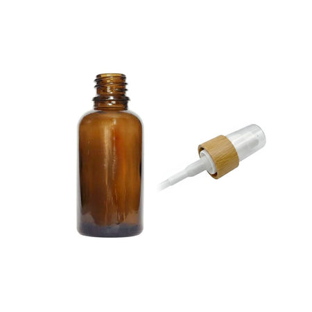 30ml Premium Amber Glass Dropper Bottle with White Lotion Pump with Bamboo Collar and Clear Over Cap