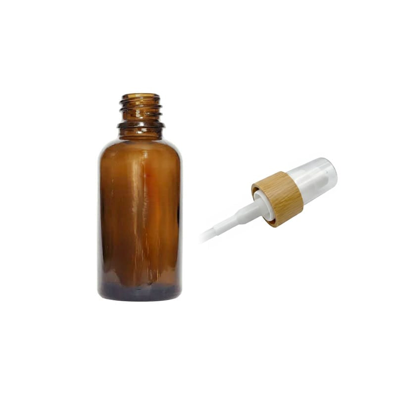 30ml Premium Amber Glass Dropper Bottle with White Lotion Pump with Bamboo Collar and Clear Over Cap