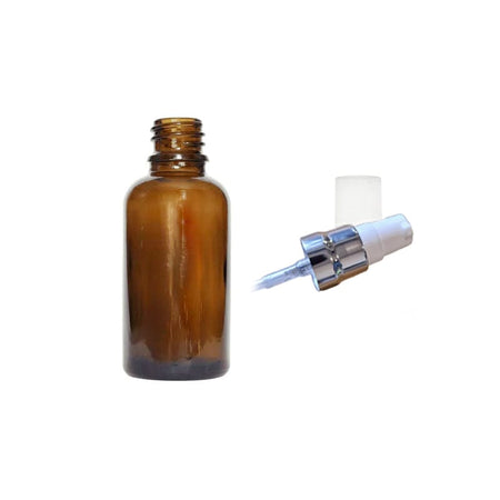30ml Premium Amber Glass Dropper Bottle with White Lotion Pump with Silver Collar and Clear Over Cap