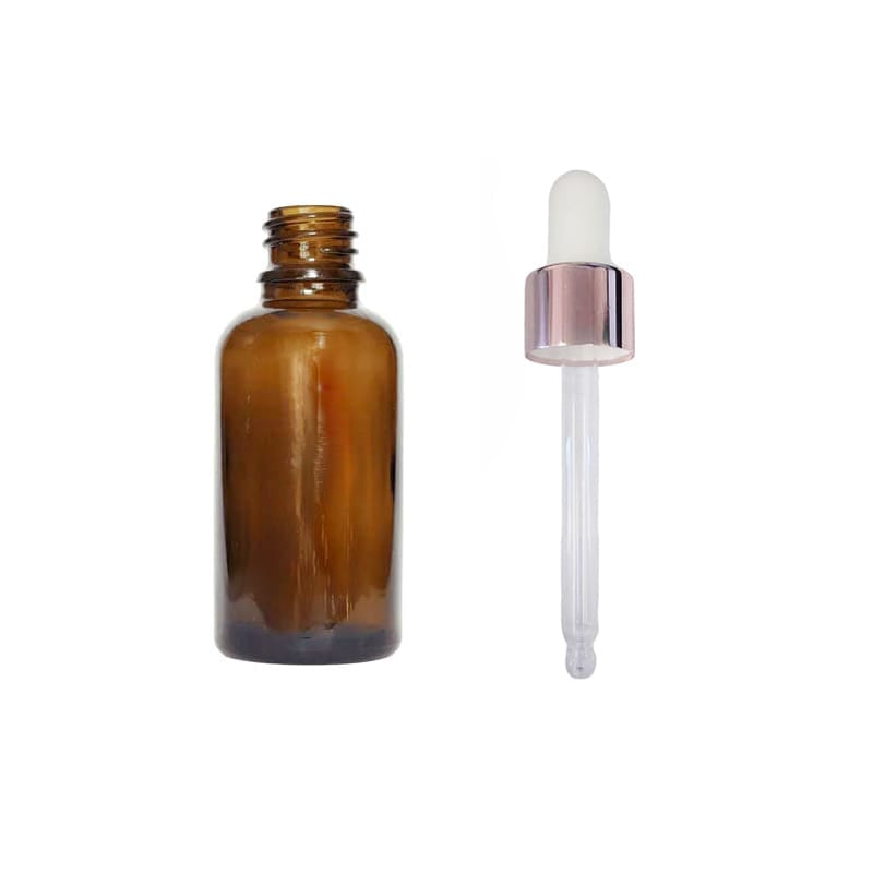 30ml Premium Amber Glass Dropper Bottle with White & Rose Gold Dropper
