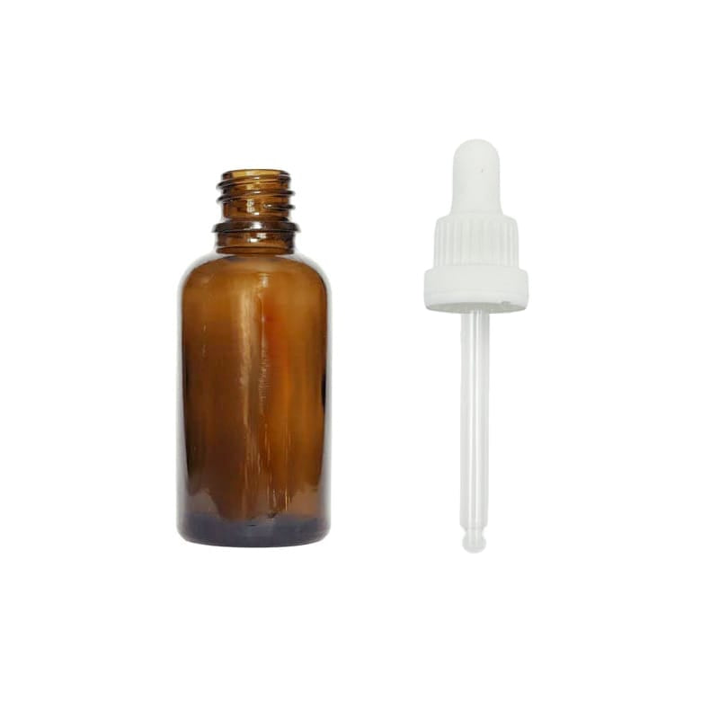 30ml Premium Amber Glass Dropper Bottle with White Tamper Evident Dropper (Type III)