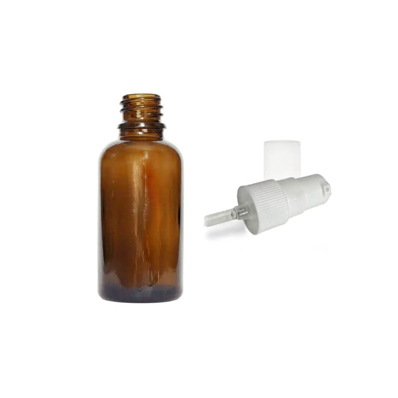 30ml Premium Amber Glass Dropper Bottle with White Tamper Evident Lotion Pump and Clear Over Cap (Type III)