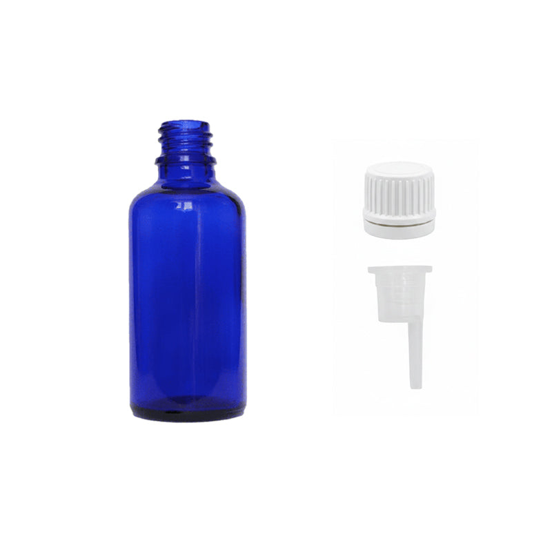 50ml Blue Glass Dropper Bottle with 0.6mm Dripper Insert and Tamper Evident White Cap (Type II)