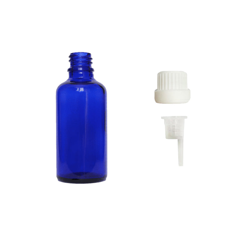 50ml Blue Glass Dropper Bottle with 1.5mm Dripper Insert and Tamper Evident White Cap (Type III)