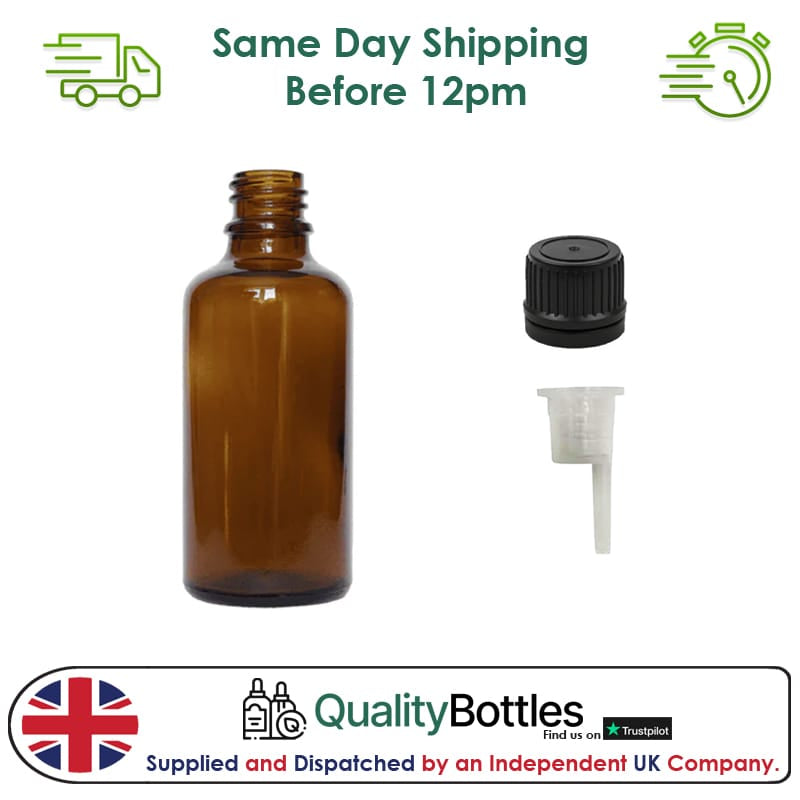 50ml Amber Glass Dropper Bottle with 0.6mm Dripper Insert and Tamper Evident Black Cap (Type II) - Pack of 12