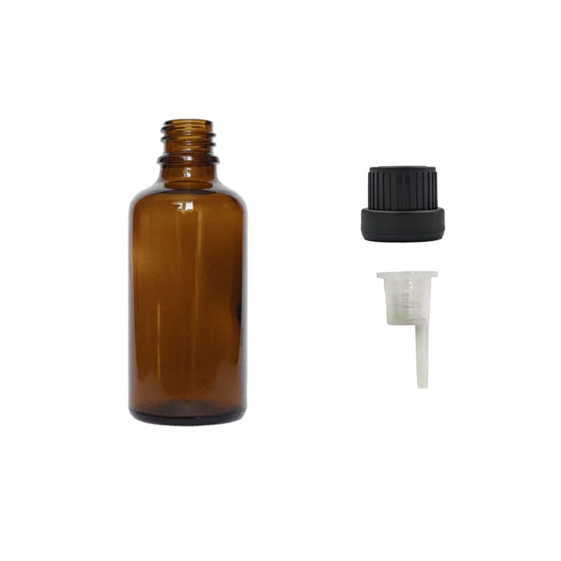 50ml Amber Glass Dropper Bottle with 0.6mm Dripper Insert and Tamper Evident Black Cap (Type III) - Pack of 12