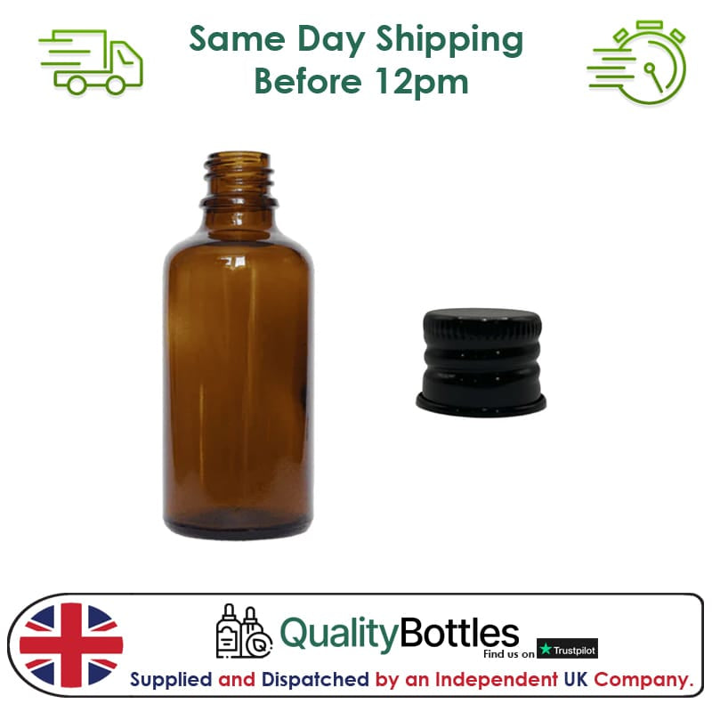 50ml Amber Glass Dropper Bottle with Black Anodised Aluminium Cap - Pack of 12
