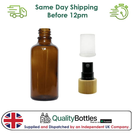 50ml Amber Glass Dropper Bottle with Black Atomiser with Bamboo Collar and Clear Over Cap - Pack of 12