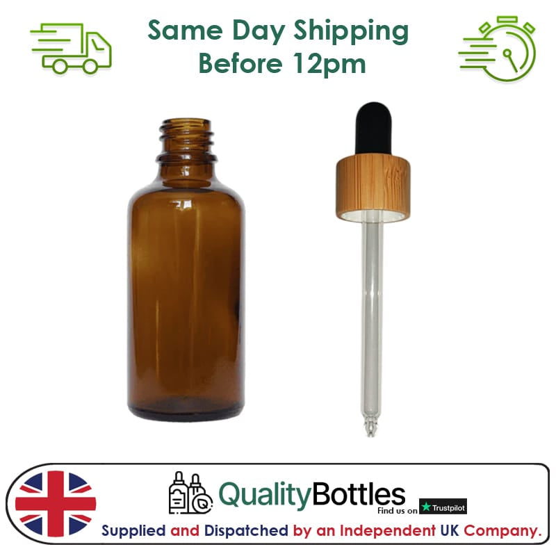 50ml Amber Glass Dropper Bottle with Black Bamboo Dropper - Pack of 12