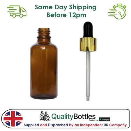 50ml Amber Glass Dropper Bottle with Black & Gold Dropper - Pack of 12