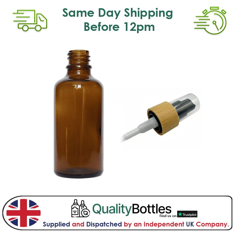 50ml Amber Glass Dropper Bottle with Black Lotion Pump with Bamboo Collar and Clear Over Cap - Pack of 12