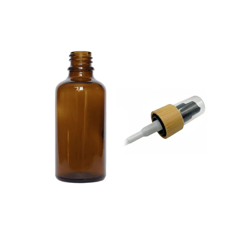 50ml Amber Glass Dropper Bottle with Black Lotion Pump with Bamboo Collar and Clear Over Cap