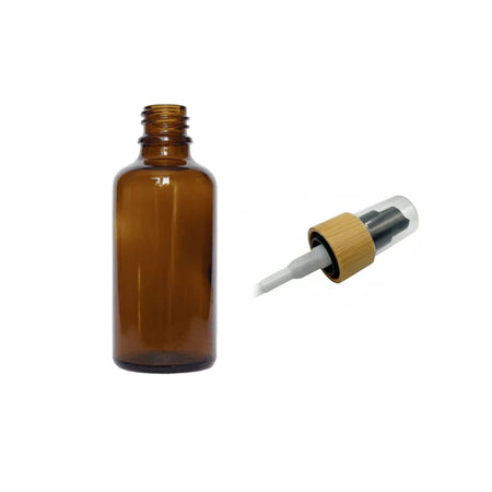 50ml Amber Glass Dropper Bottle with Black Lotion Pump with Bamboo Collar and Clear Over Cap