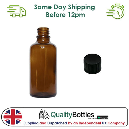 50ml Amber Glass Dropper Bottle with Black PP Wadded Cap DIN 18mm - Pack of 12