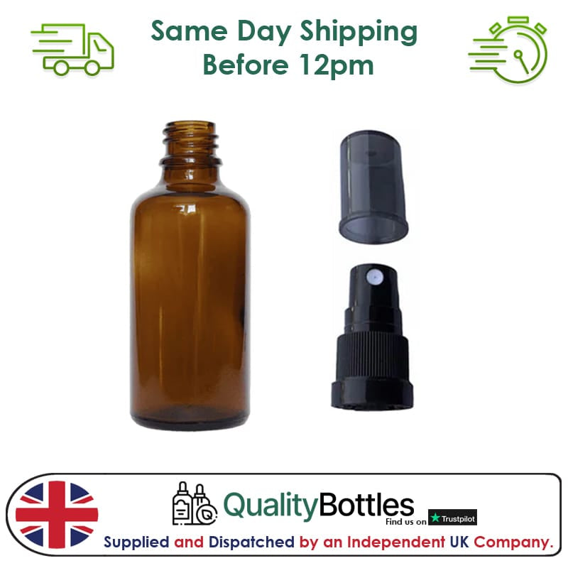 50ml Amber Glass Dropper Bottle with Black Tamper Evident Atomiser with Dark Tinted Over Cap (Type III) - Pack of 12
