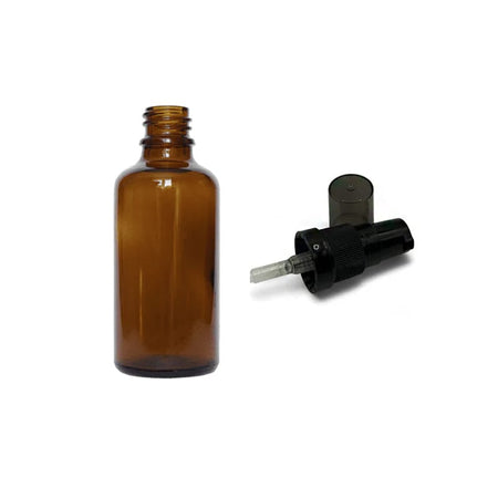 50ml Amber Glass Dropper Bottle with Black Tamper Evident Lotion Pump with Smoke Tinted Over Cap (Type III)
