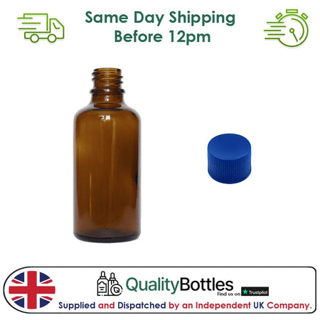 50ml Amber Glass Dropper Bottle with Blue PP Wadded Cap DIN 18mm - Pack of 12