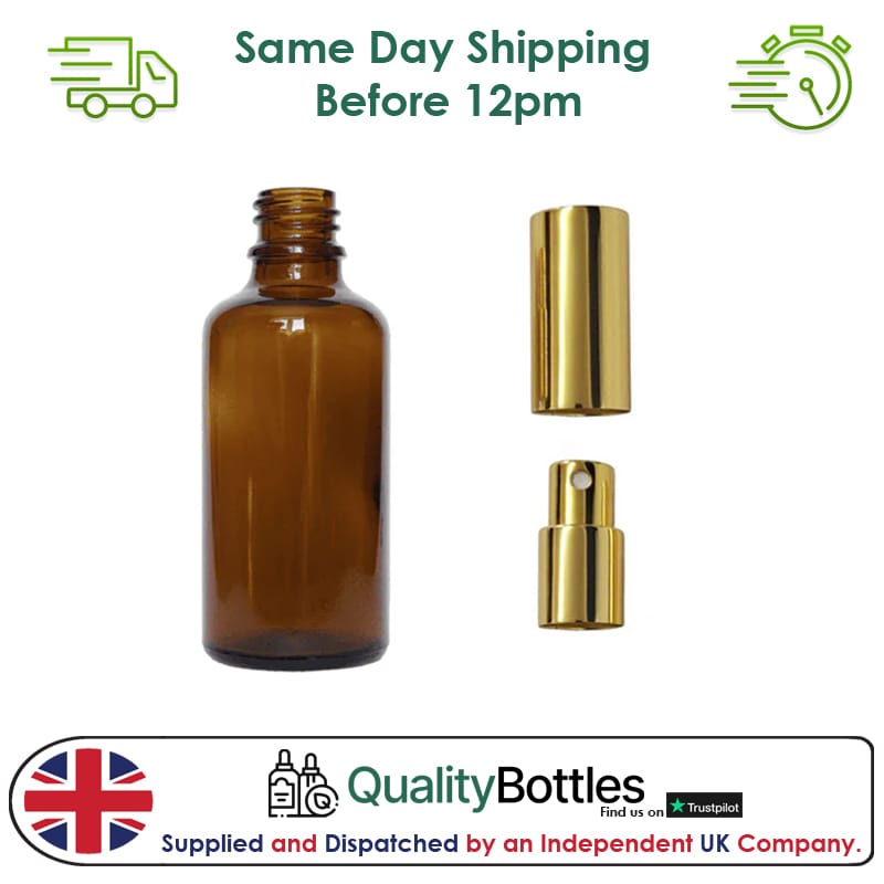 50ml Amber Glass Dropper Bottle with Gold Atomiser with Gold Over Cap - Pack of 12