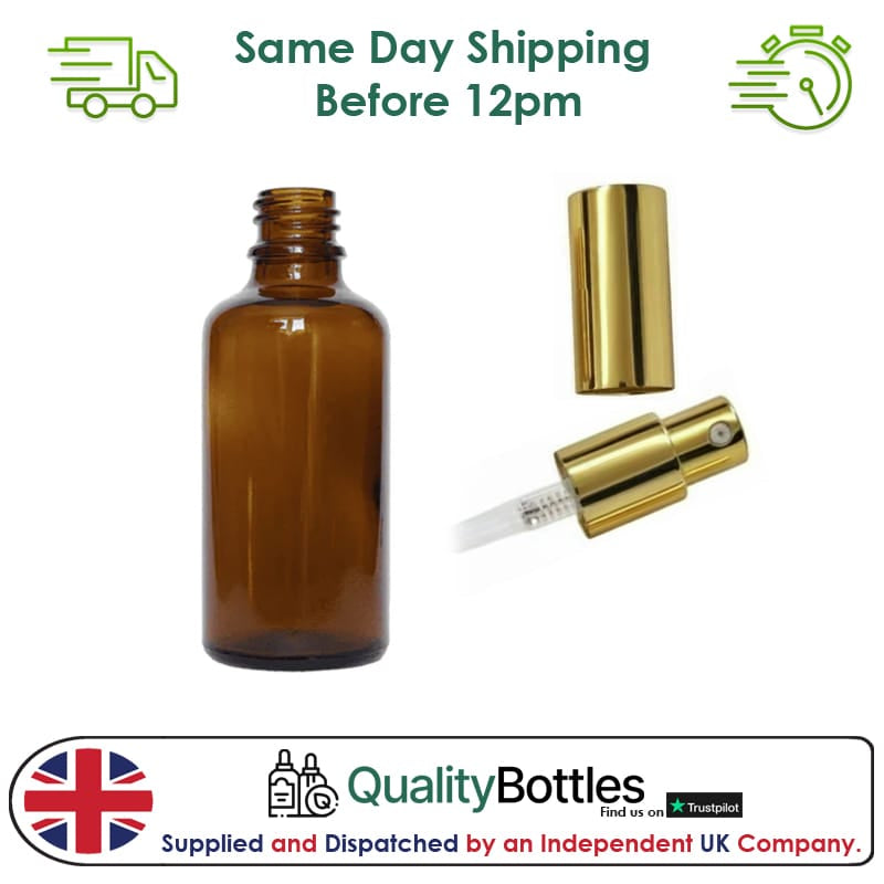 50ml Amber Glass Dropper Bottle with Gold Lotion Pump with Gold Over Cap - Pack of 12