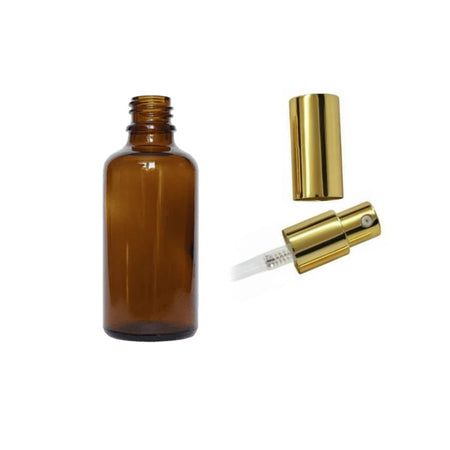 50ml Amber Glass Dropper Bottle with Gold Lotion Pump with Gold Over Cap