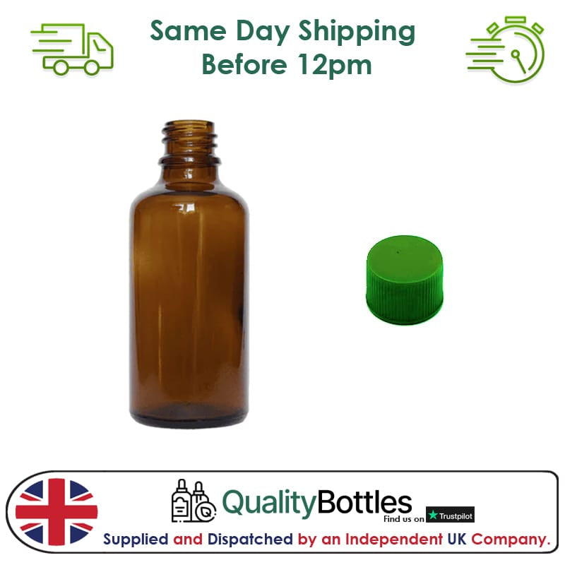 50ml Amber Glass Dropper Bottle with Green PP Wadded Cap DIN 18mm - Pack of 12