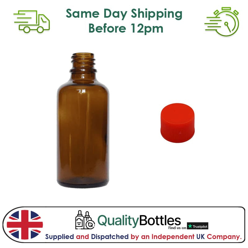 50ml Amber Glass Dropper Bottle with Red PP Wadded Cap DIN 18mm - Pack of 12