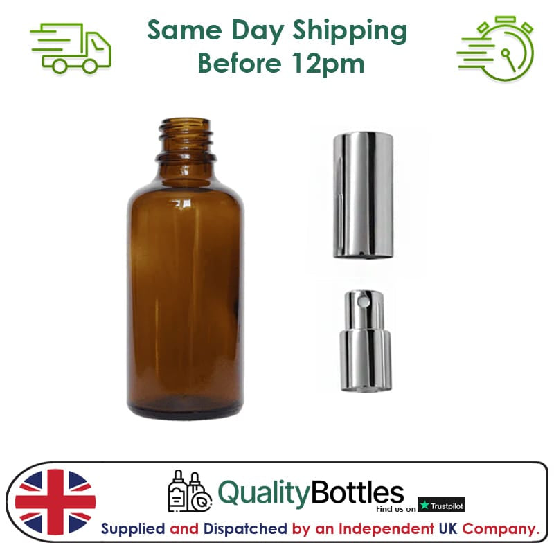 50ml Amber Glass Dropper Bottle with Silver Atomiser with Silver Over Cap - Pack of 12