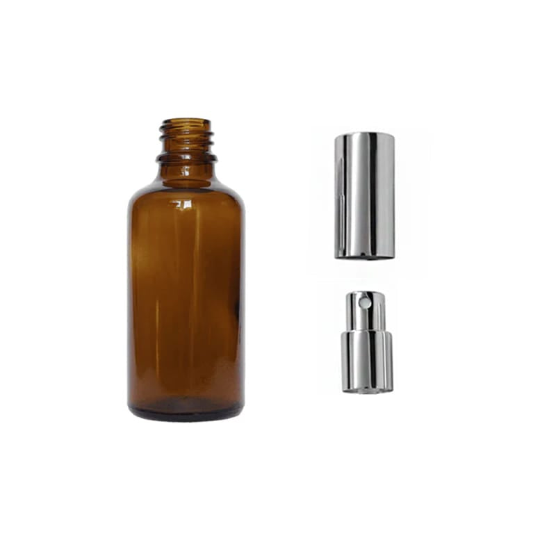50ml Amber Glass Dropper Bottle with Silver Atomiser with Silver Over Cap