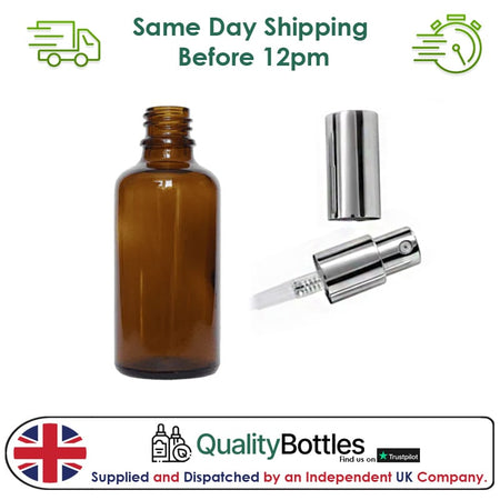 50ml Amber Glass Dropper Bottle with Silver Lotion Pump with Silver Over Cap - Pack of 12
