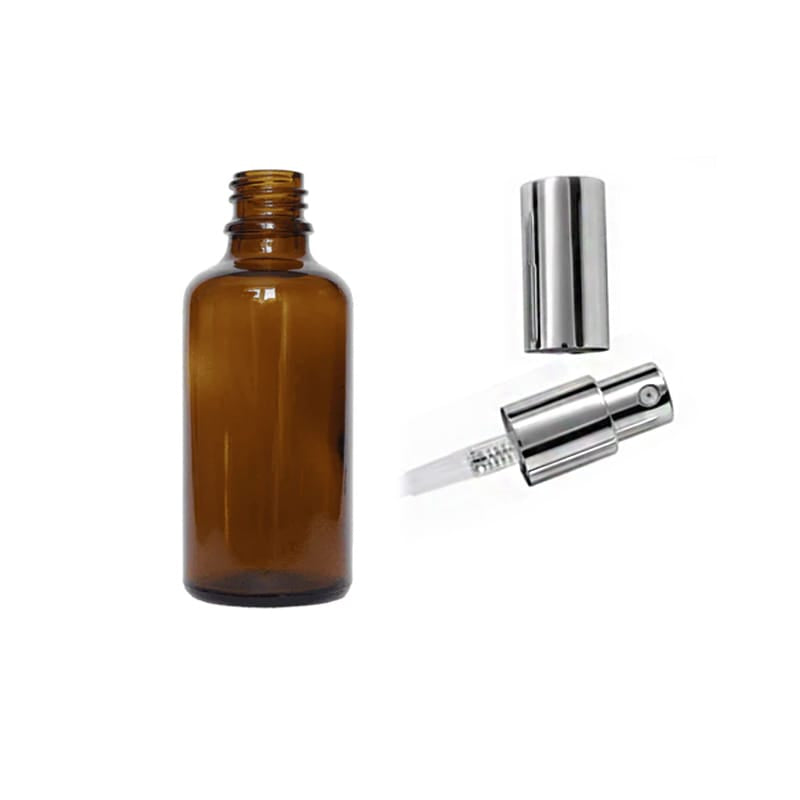 50ml Amber Glass Dropper Bottle with Silver Lotion Pump with Silver Over Cap