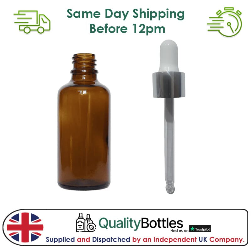 50ml Amber Glass Dropper Bottle with Silver & White Dropper - Pack of 12