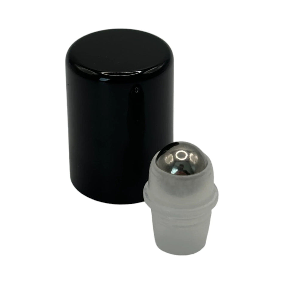 50ml Amber Glass Dropper Bottle with Stainless Steel Roller Ball and Gloss Black Plastic Cap - Pack of 12