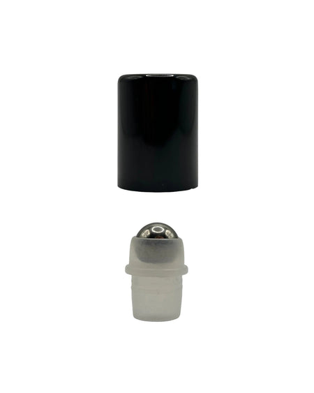 50ml Amber Glass Dropper Bottle with Stainless Steel Roller Ball and Gloss Black Plastic Cap - Pack of 12