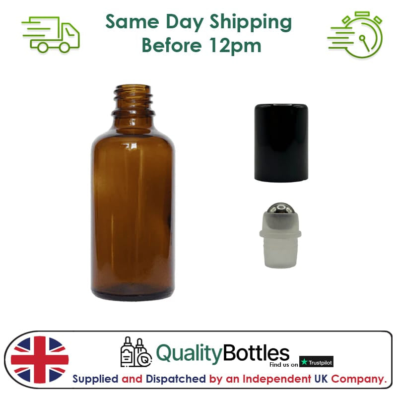 50ml Amber Glass Dropper Bottle with Stainless Steel Roller Ball and Gloss Black Plastic Cap - Pack of 12