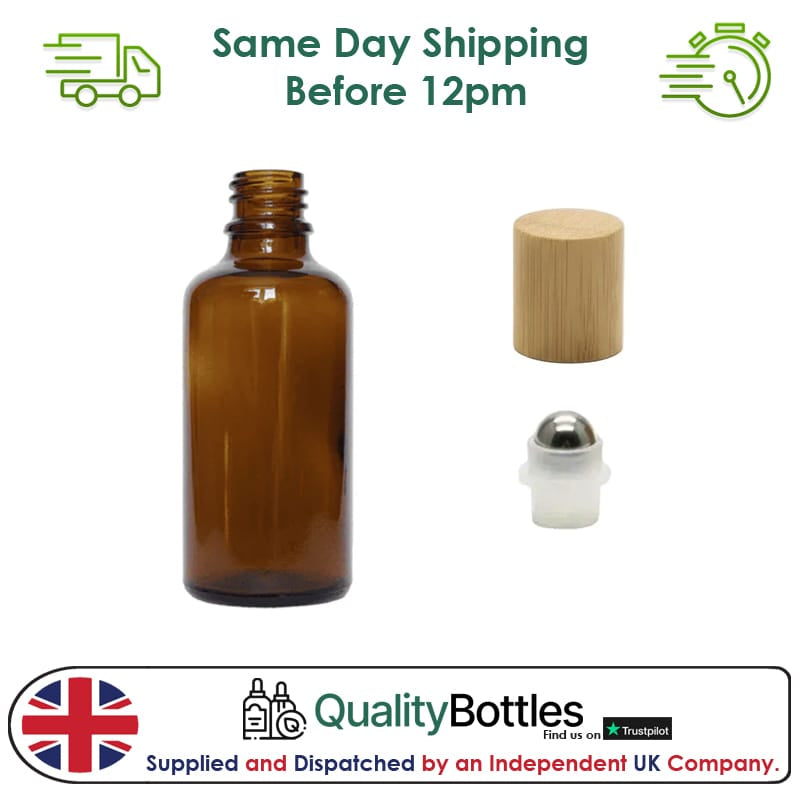 50ml Amber Glass Dropper Bottle with Stainless Steel Roller Ball Insert with Bamboo Cap - Pack of 12