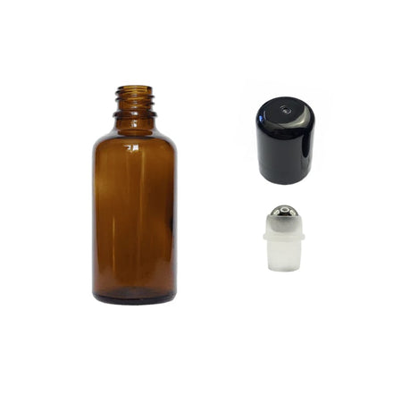 50ml Amber Glass Dropper Bottle with Stainless Steel Roller Ball with Plastic Black Cap